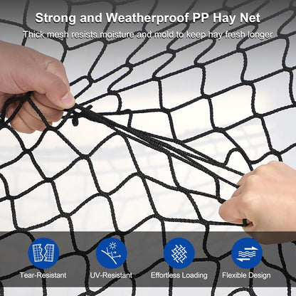 Large Round Bale Hay Net 5x5 ft for Horses, Heavy Duty Slow Feed Hay Net with Knotless Design and 1.7" Holes for Livestock Goats, Fits for Round Bales 4x4-5x5ft or Square Bales 3x3x8-4x4x8ft
