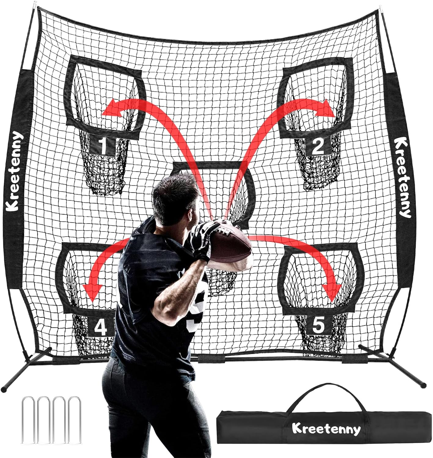 Football Nets for Throwing, 7 x 7ft Football Target Net, 5 Target Pockets Quarterback Throwing Net, Football Trainer Training Practice Net with Carry Bag