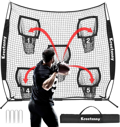 Football Nets for Throwing, 7 x 7ft Football Target Net, 5 Target Pockets Quarterback Throwing Net, Football Trainer Training Practice Net with Carry Bag