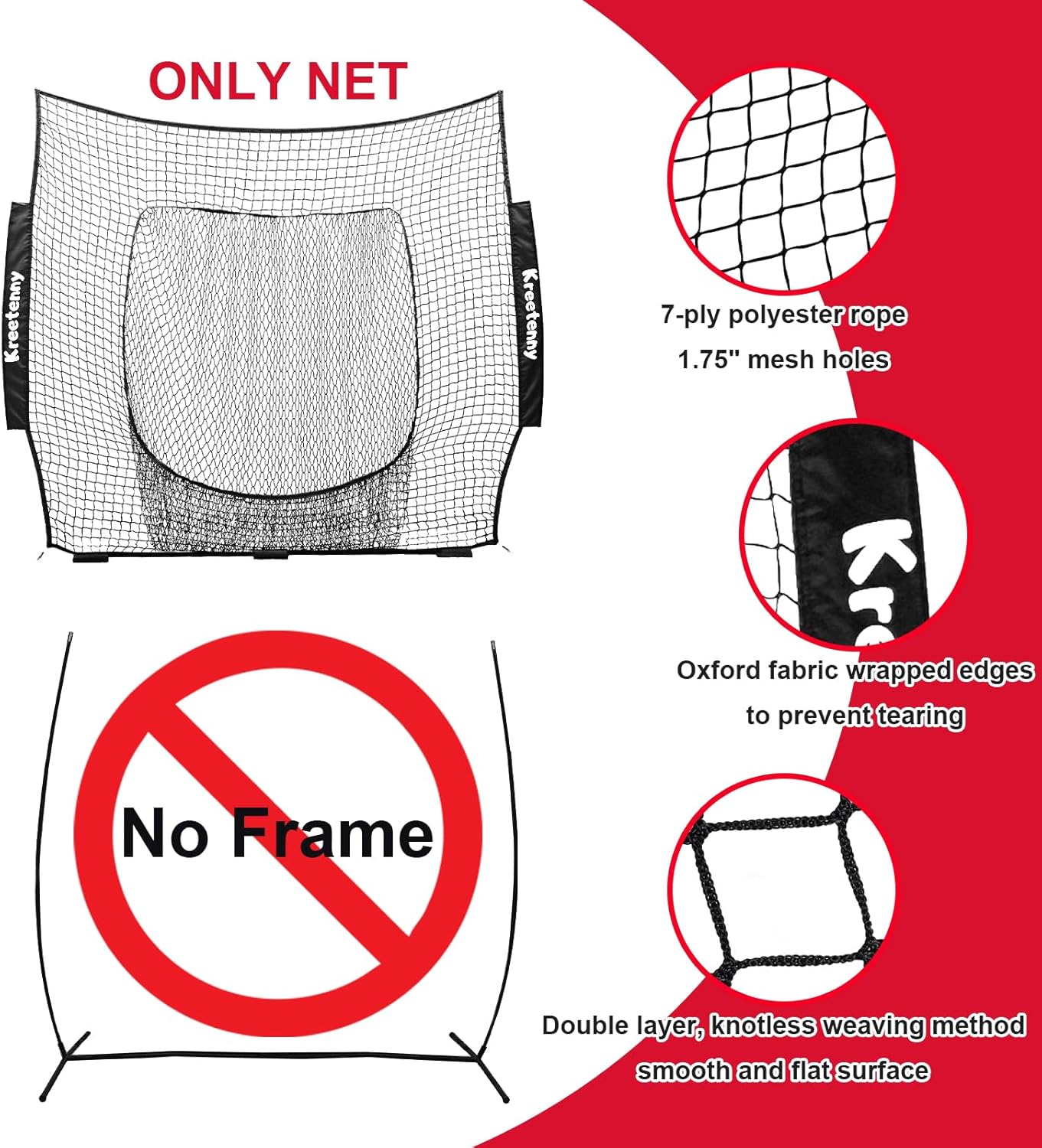 Baseball Replacement Net (NET ONLY),7'×7' Baseball Softball Practice Net,Portable Baseball Training Net for Hitting Batting Catching Pitching,Easy Setup Replacement Net (Without Support Frame)