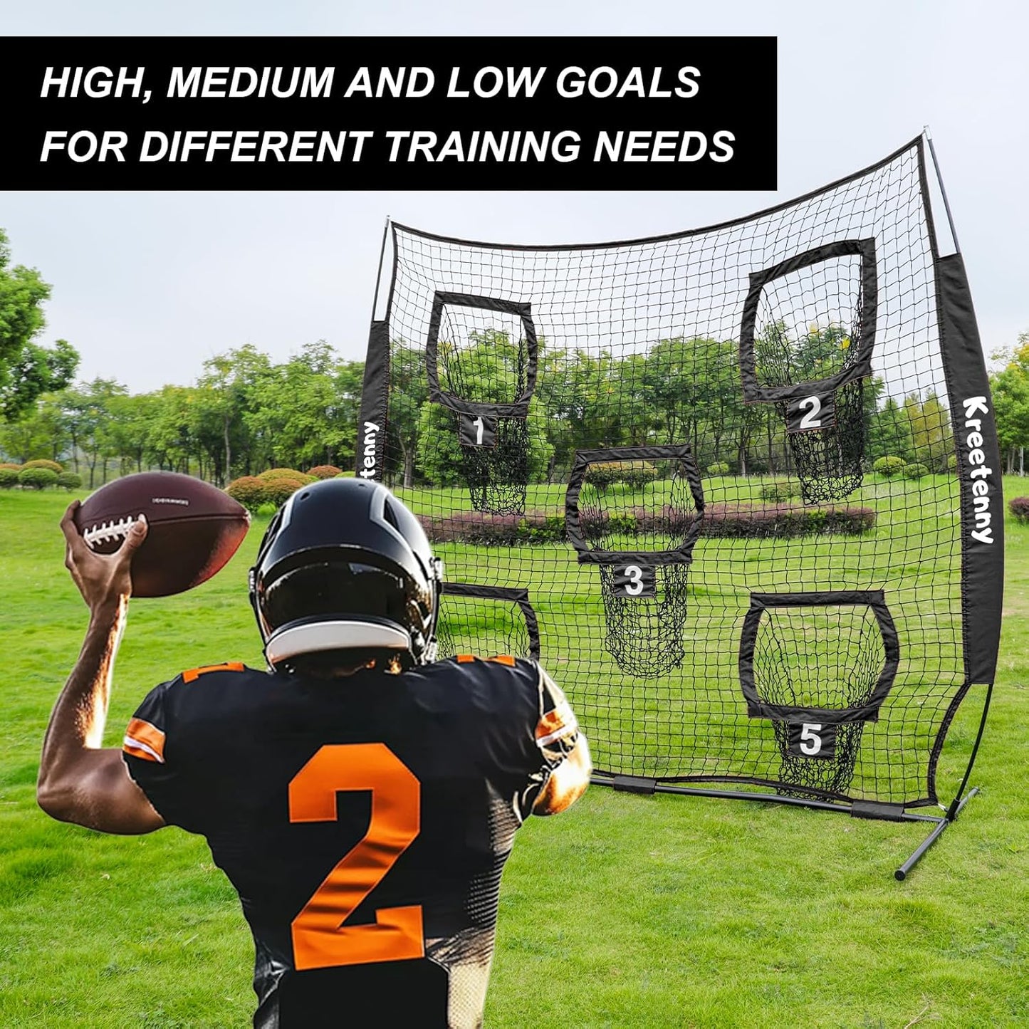 Football Nets for Throwing, 7 x 7ft Football Target Net, 5 Target Pockets Quarterback Throwing Net, Football Trainer Training Practice Net with Carry Bag