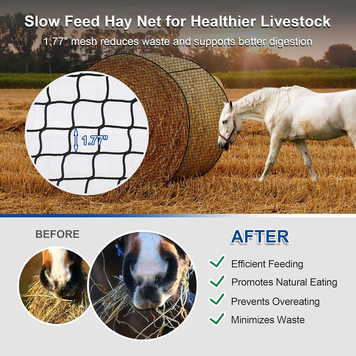 Large Round Bale Hay Net 5x5 ft for Horses, Heavy Duty Slow Feed Hay Net with Knotless Design and 1.7" Holes for Livestock Goats, Fits for Round Bales 4x4-5x5ft or Square Bales 3x3x8-4x4x8ft