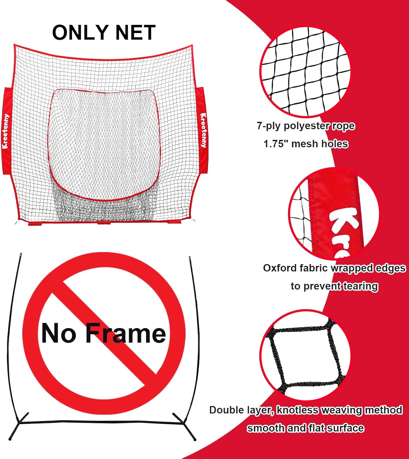 Baseball Replacement Net (NET ONLY),7'×7' Baseball Softball Practice Net,Portable Baseball Training Net for Hitting Batting Catching Pitching,Easy Setup Replacement Net (Without Support Frame)