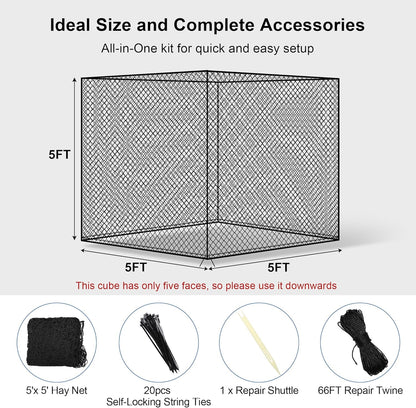 Large Round Bale Hay Net 5x5 ft for Horses, Heavy Duty Slow Feed Hay Net with Knotless Design and 1.7" Holes for Livestock Goats, Fits for Round Bales 4x4-5x5ft or Square Bales 3x3x8-4x4x8ft