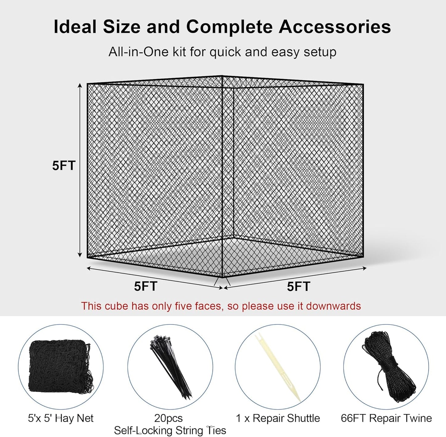 Large Round Bale Hay Net 5x5 ft for Horses, Heavy Duty Slow Feed Hay Net with Knotless Design and 1.7" Holes for Livestock Goats, Fits for Round Bales 4x4-5x5ft or Square Bales 3x3x8-4x4x8ft