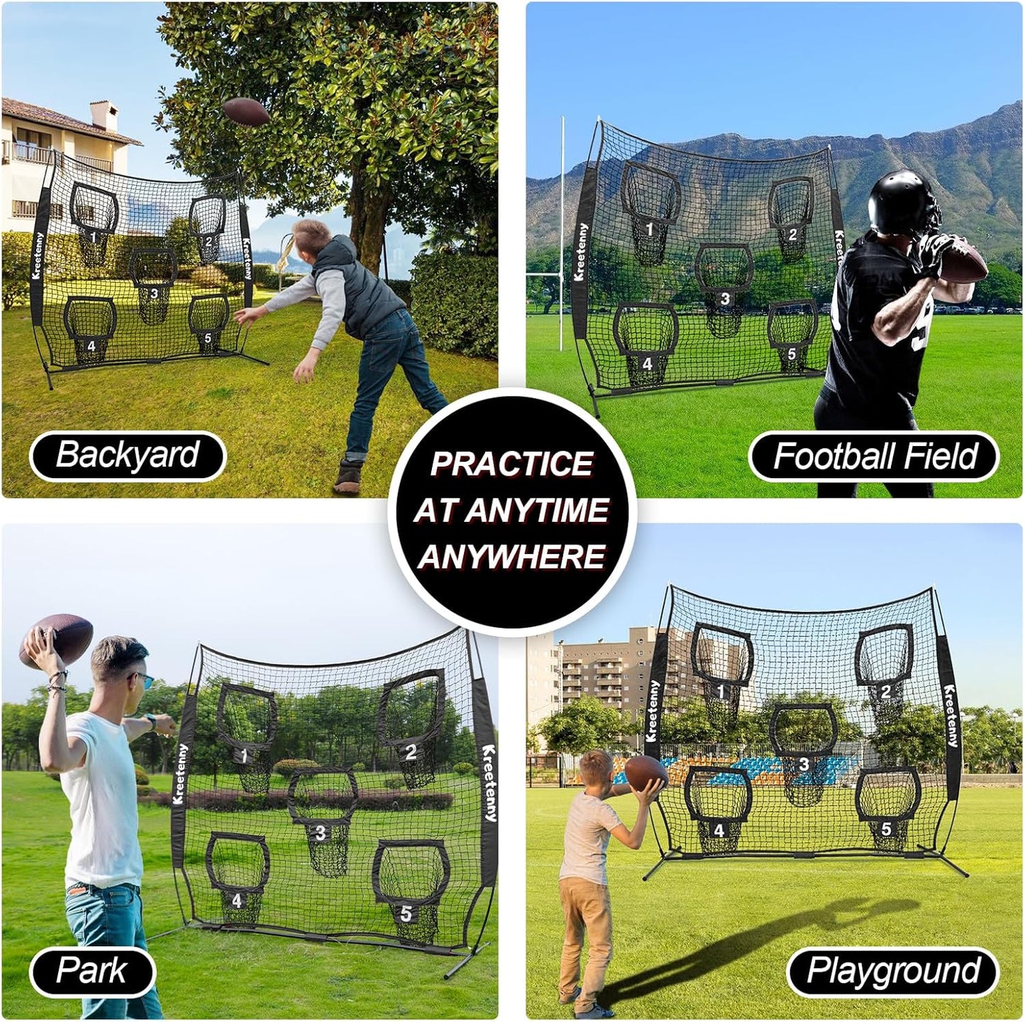 Football Nets for Throwing, 7 x 7ft Football Target Net, 5 Target Pockets Quarterback Throwing Net, Football Trainer Training Practice Net with Carry Bag