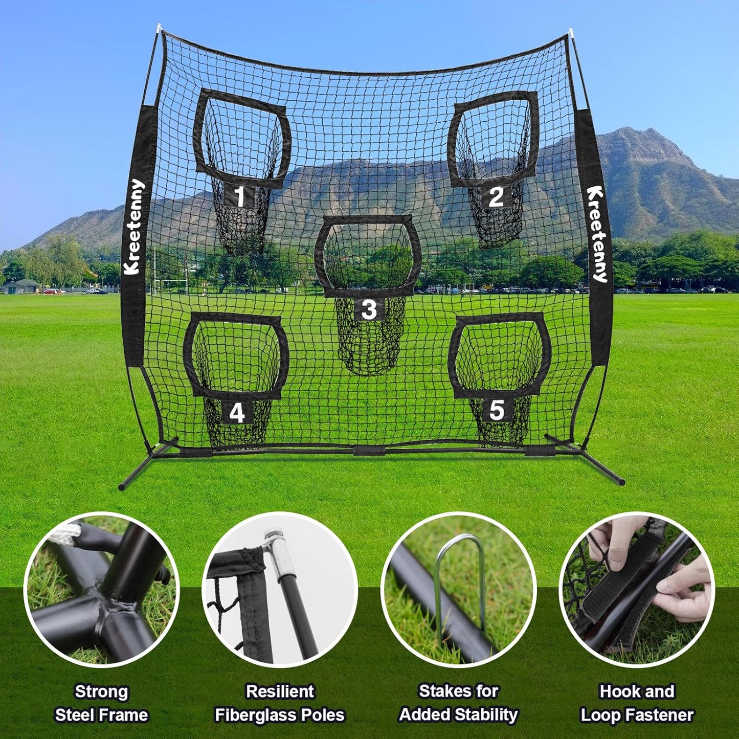 Football Nets for Throwing, 7 x 7ft Football Target Net, 5 Target Pockets Quarterback Throwing Net, Football Trainer Training Practice Net with Carry Bag