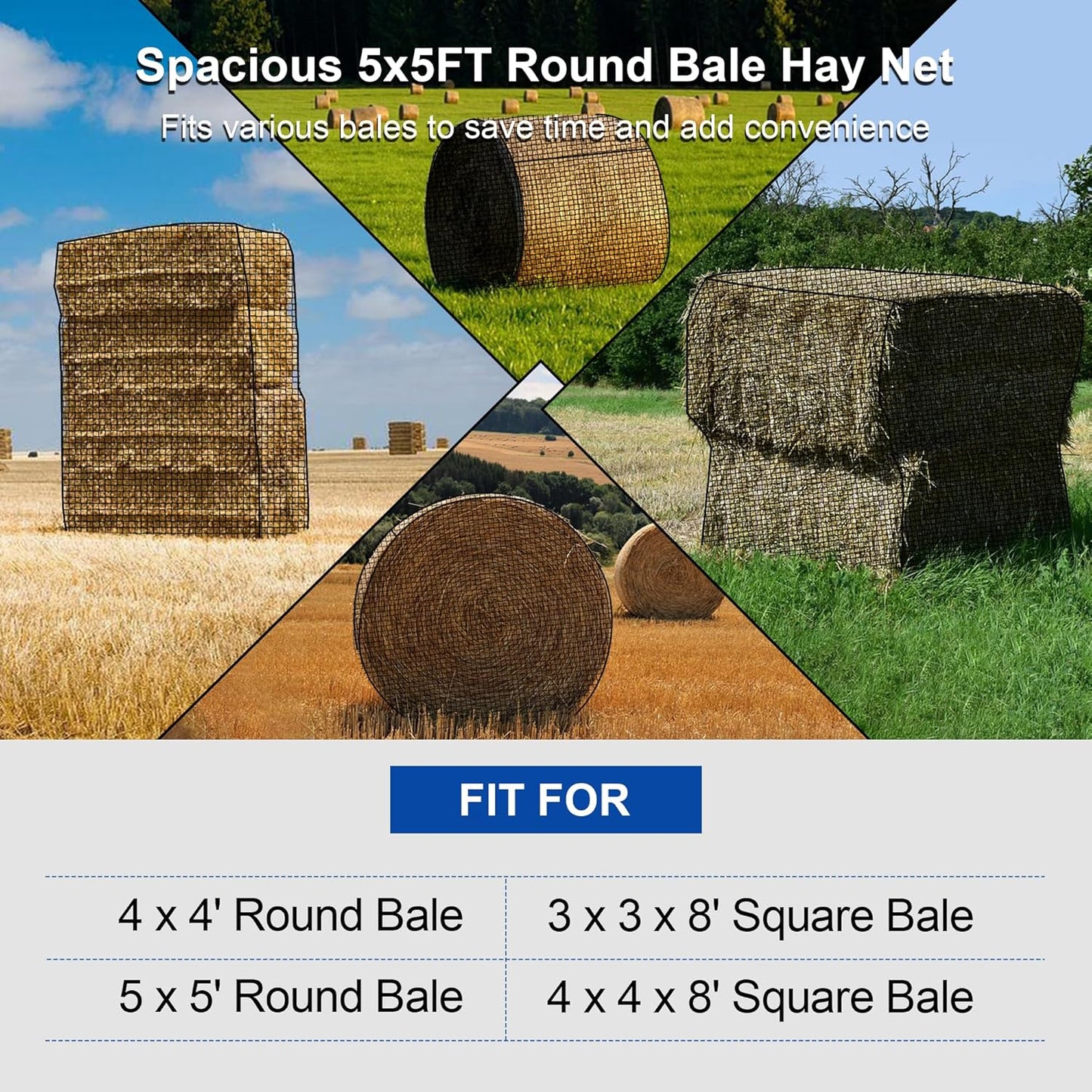 Large Round Bale Hay Net 5x5 ft for Horses, Heavy Duty Slow Feed Hay Net with Knotless Design and 1.7" Holes for Livestock Goats, Fits for Round Bales 4x4-5x5ft or Square Bales 3x3x8-4x4x8ft
