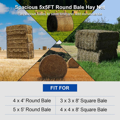 Large Round Bale Hay Net 5x5 ft for Horses, Heavy Duty Slow Feed Hay Net with Knotless Design and 1.7" Holes for Livestock Goats, Fits for Round Bales 4x4-5x5ft or Square Bales 3x3x8-4x4x8ft